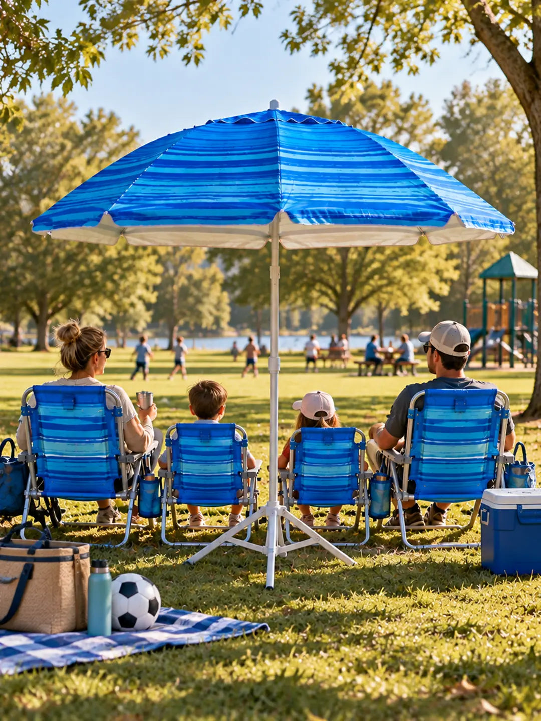 Family of four sitting in matching Copa Adult and Junior Backpack Chairs under the 2-in-1 Umbrella at a sunny park sideline