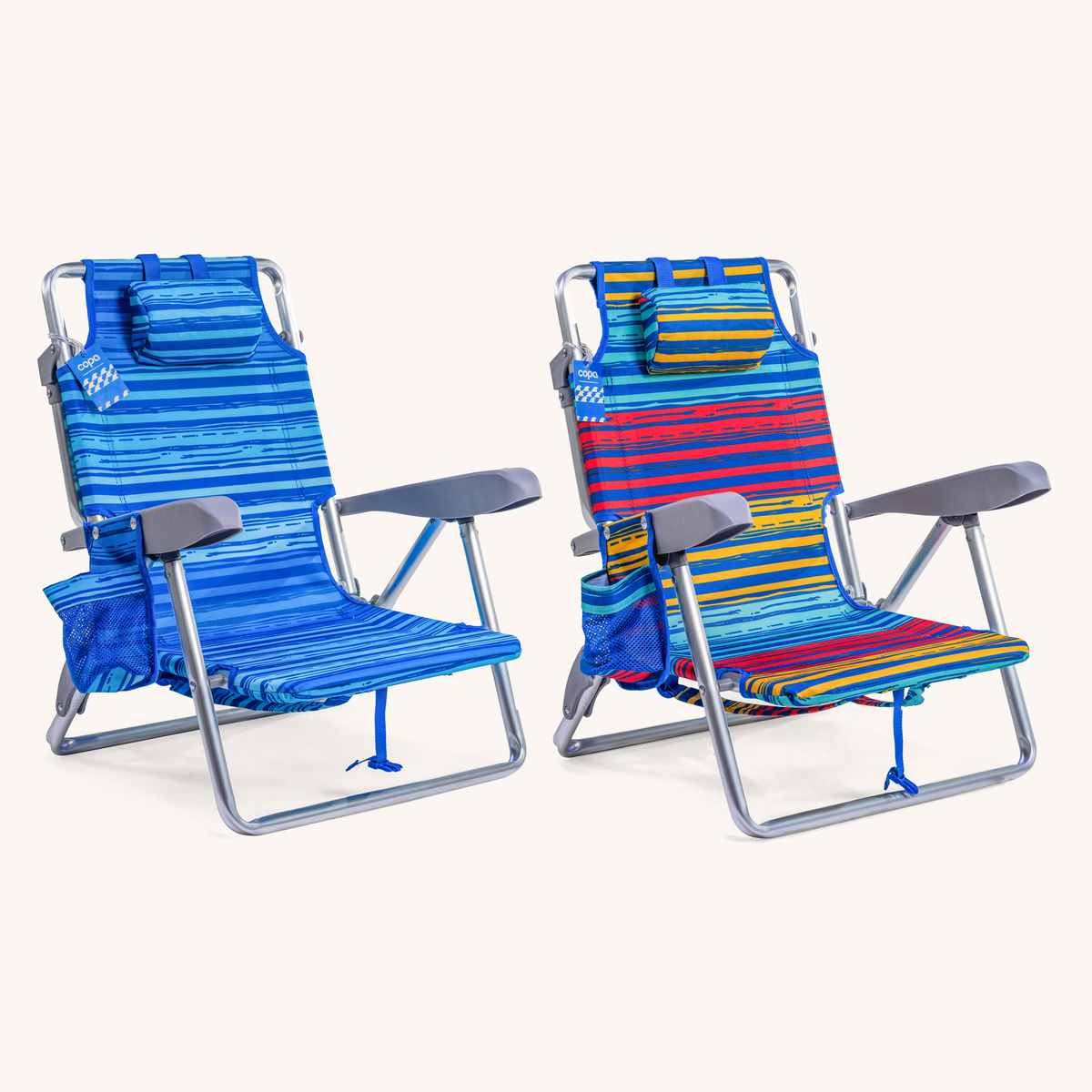 The Copa Junior Sibling Pair β 2 Junior Backpack Chairs in Blue Stripe and Multi Stripe
